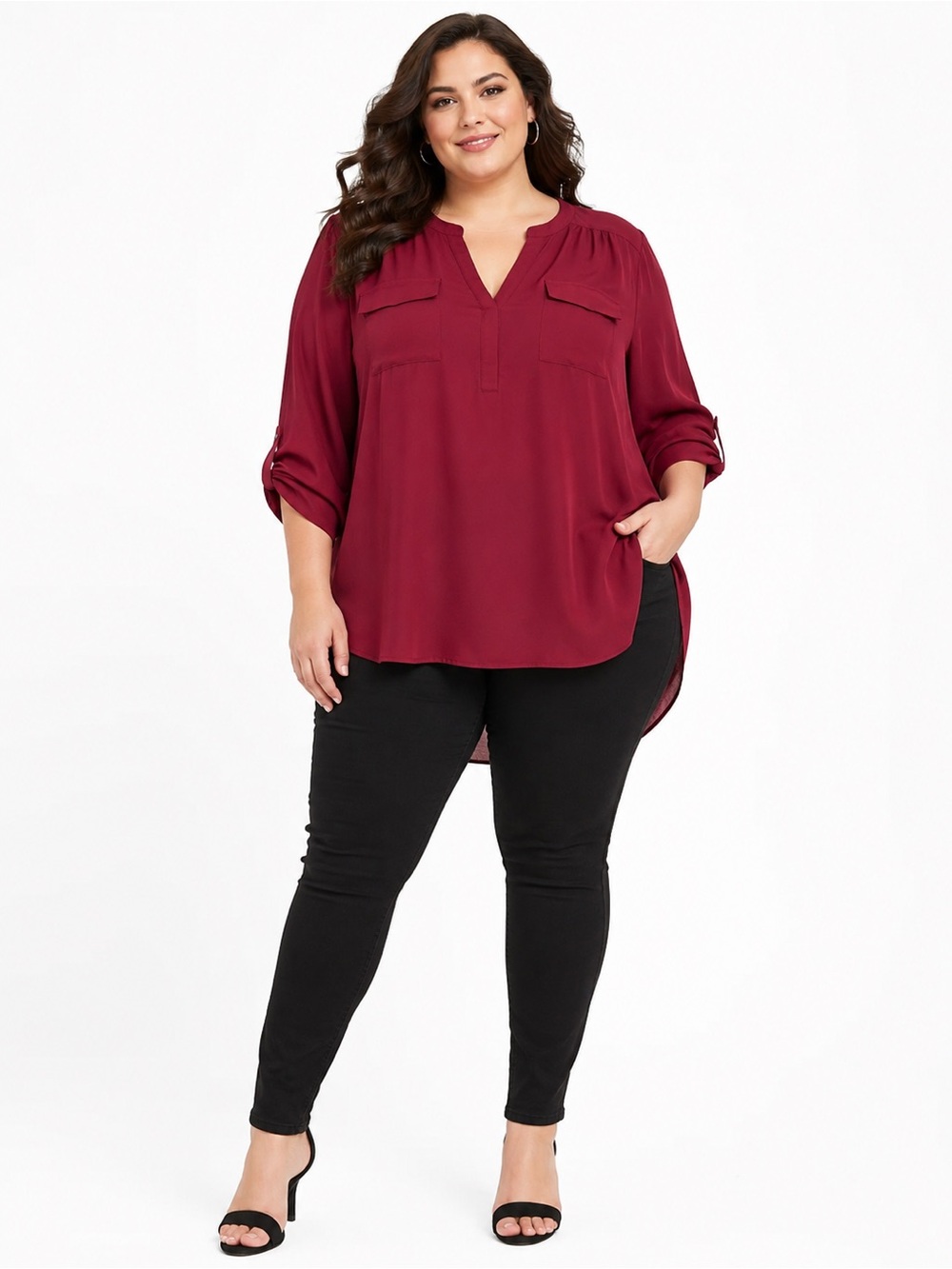Torrid Berry Burgundy Georgette Utility Blouse Roll Tab Sleeve Size 3 3X